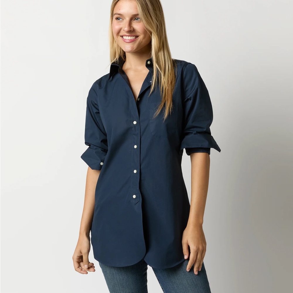 NWT Ann Mashburn Navy Poplin Boyfriend Shirt